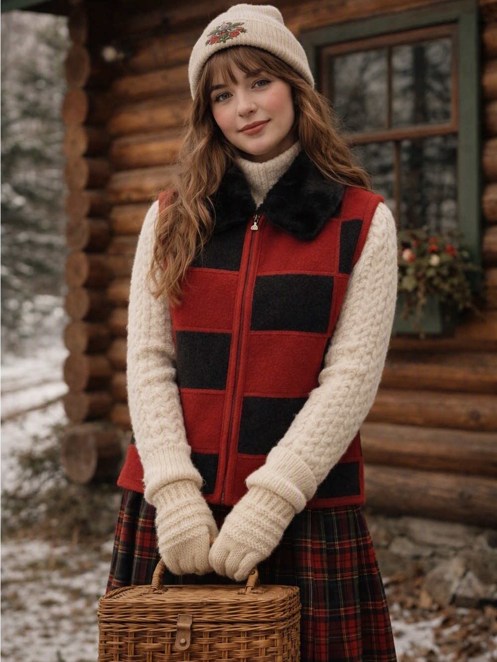 Vintage Tally Ho Sweater Vest M Red Black Check Wool Zip Cabincore Twee Grandma